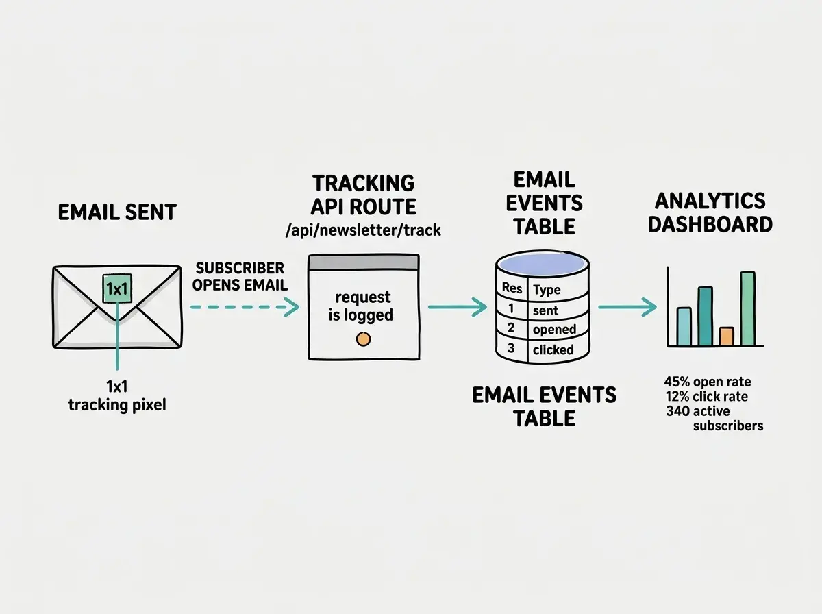 EXPLAINER DIAGRAM: A horizontal pipeline showing the email analytics flow. Left section labeled EMAIL SENT shows an envelope icon with a 1x1 tracking pixel highlighted inside. A dashed arrow labeled SUBSCRIBER OPENS EMAIL points to a middle section labeled TRACKING API ROUTE /api/newsletter/track showing the request being logged. An arrow points right to a database icon labeled EMAIL EVENTS TABLE with sample rows showing event types: sent, opened, clicked. A final arrow points to a bar chart icon labeled ANALYTICS DASHBOARD with sample metrics: 45% open rate, 12% click rate, 340 active subscribers. Light gray background with teal arrows connecting each stage.