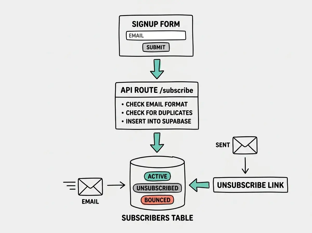 EXPLAINER DIAGRAM: A vertical flow showing the subscriber lifecycle. Top section labeled SIGNUP FORM shows an email input field and submit button. An arrow points down to a box labeled API ROUTE /subscribe with validation steps listed: check email format, check for duplicates, insert into Supabase. Below that, an arrow points to a database icon labeled SUBSCRIBERS TABLE with three status badges: active (teal), unsubscribed (gray), bounced (coral). A separate arrow from a sent email icon points to an UNSUBSCRIBE LINK box, which connects back to the subscribers table changing status from active to unsubscribed. Light gray background with teal accent arrows.