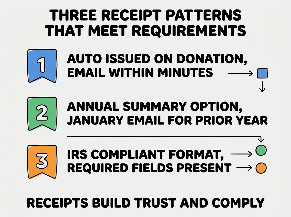 EXPLAINER DIAGRAM titled THREE RECEIPT PATTERNS THAT MEET REQUIREMENTS shown as a vertical numbered list on a slate background. Three rows. Row 1 blue badge AUTO ISSUED ON DONATION sublabel EMAIL WITHIN MINUTES. Row 2 green badge ANNUAL SUMMARY OPTION sublabel JANUARY EMAIL FOR PRIOR YEAR. Row 3 orange badge IRS COMPLIANT FORMAT sublabel REQUIRED FIELDS PRESENT. Footer reads RECEIPTS BUILD TRUST AND COMPLY.