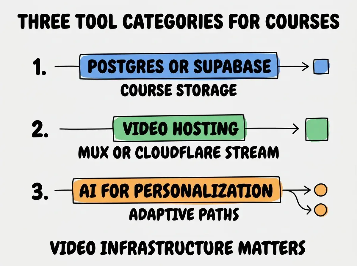 EXPLAINER DIAGRAM titled THREE TOOL CATEGORIES FOR COURSES shown as a vertical numbered list on a slate background. Three rows. Row 1 blue badge POSTGRES OR SUPABASE sublabel COURSE STORAGE. Row 2 green badge VIDEO HOSTING sublabel MUX OR CLOUDFLARE STREAM. Row 3 orange badge AI FOR PERSONALIZATION sublabel ADAPTIVE PATHS. Footer reads VIDEO INFRASTRUCTURE MATTERS. CRITICAL: each label appears only ONCE.