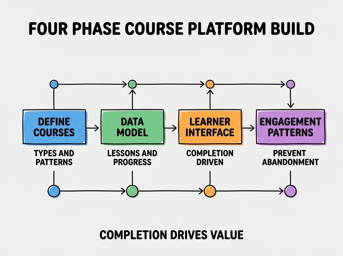 EXPLAINER DIAGRAM titled FOUR PHASE COURSE PLATFORM BUILD shown as a horizontal four-stage pipeline on a slate background. Stage 1 colored blue DEFINE COURSES sublabel TYPES AND PATTERNS. Stage 2 colored green DATA MODEL sublabel LESSONS AND PROGRESS. Stage 3 colored orange LEARNER INTERFACE sublabel COMPLETION DRIVEN. Stage 4 colored purple ENGAGEMENT PATTERNS sublabel PREVENT ABANDONMENT. Footer reads COMPLETION DRIVES VALUE.