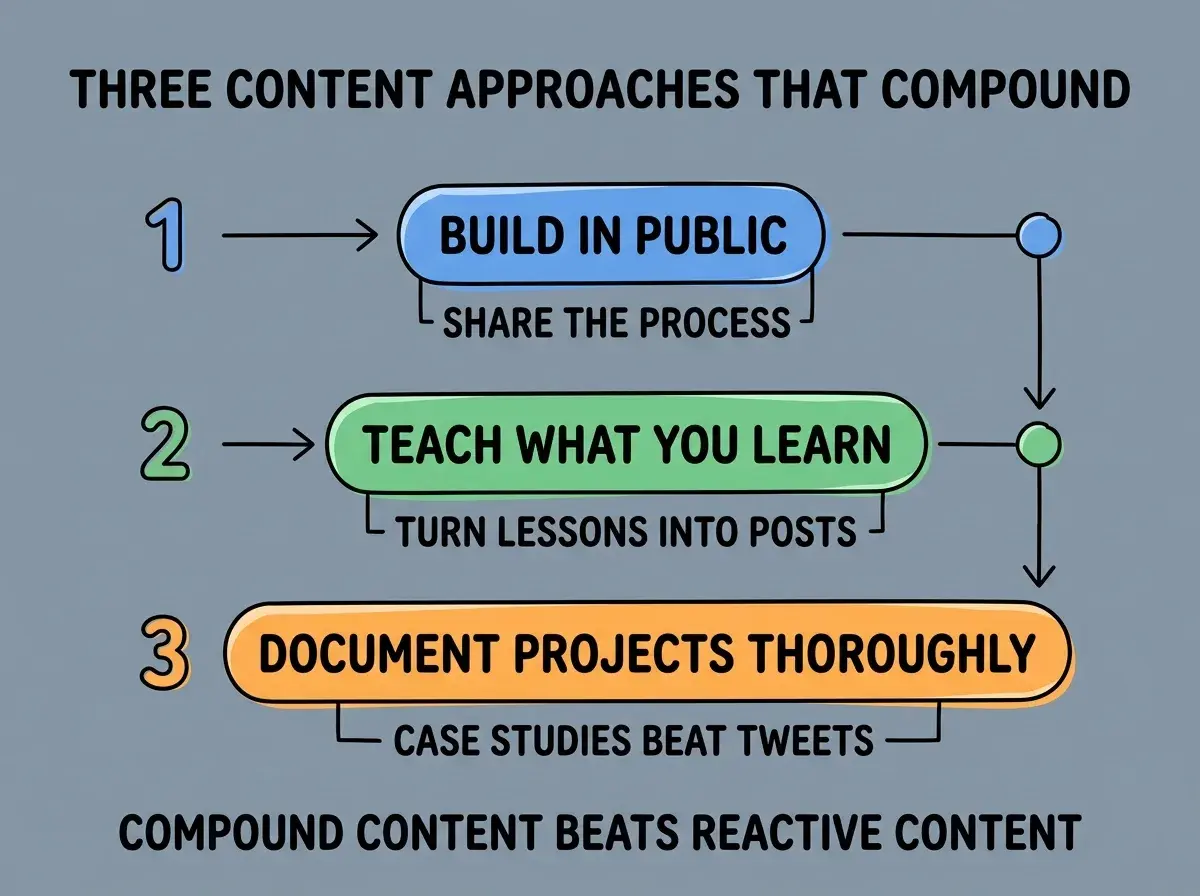 EXPLAINER DIAGRAM titled THREE CONTENT APPROACHES THAT COMPOUND shown as a vertical numbered list on a slate background. Three rows. Row 1 blue badge BUILD IN PUBLIC sublabel SHARE THE PROCESS. Row 2 green badge TEACH WHAT YOU LEARN sublabel TURN LESSONS INTO POSTS. Row 3 orange badge DOCUMENT PROJECTS THOROUGHLY sublabel CASE STUDIES BEAT TWEETS. Footer reads COMPOUND CONTENT BEATS REACTIVE CONTENT.