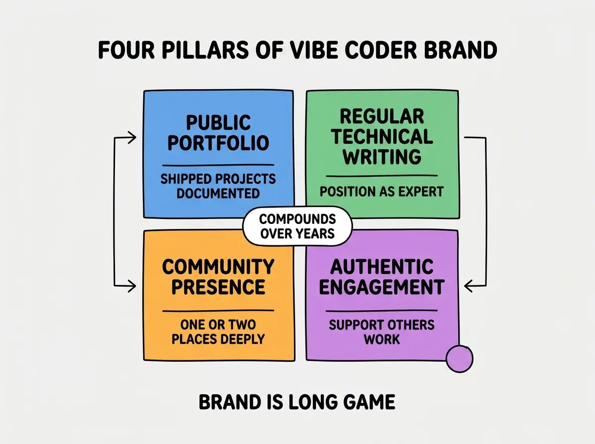 EXPLAINER DIAGRAM titled FOUR PILLARS OF VIBE CODER BRAND shown as a 2x2 grid of quadrants on a slate background. Top left blue PUBLIC PORTFOLIO sublabel SHIPPED PROJECTS DOCUMENTED. Top right green REGULAR TECHNICAL WRITING sublabel POSITION AS EXPERT. Bottom left orange COMMUNITY PRESENCE sublabel ONE OR TWO PLACES DEEPLY. Bottom right purple AUTHENTIC ENGAGEMENT sublabel SUPPORT OTHERS WORK. Center label COMPOUNDS OVER YEARS. Footer reads BRAND IS LONG GAME.