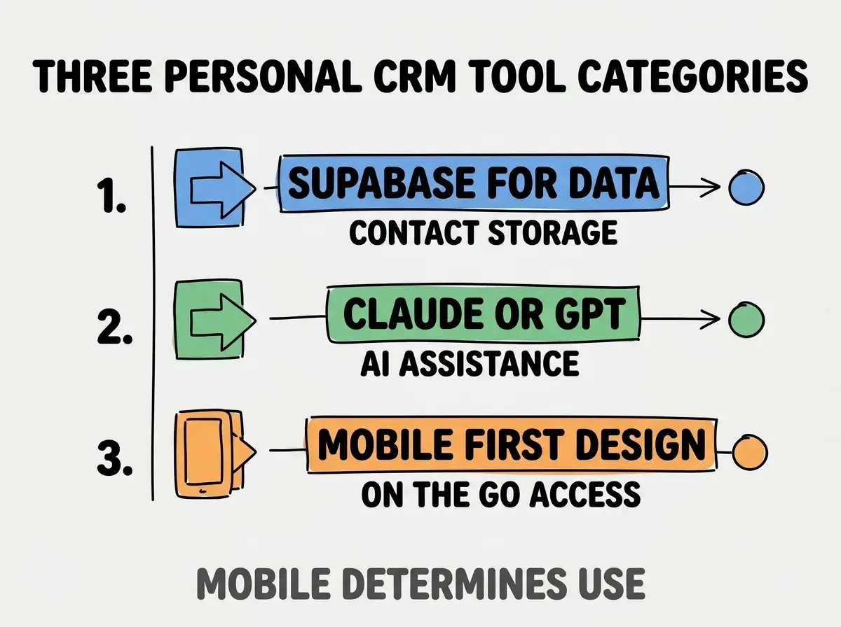 Clean modern flat infographic on light gray background. Top title bold black: THREE PERSONAL CRM TOOL CATEGORIES. Single vertical numbered list with three rows. Row 1 blue badge SUPABASE FOR DATA with subtitle CONTACT STORAGE. Row 2 green badge CLAUDE OR GPT with subtitle AI ASSISTANCE. Row 3 orange badge MOBILE FIRST DESIGN with subtitle ON THE GO ACCESS. Footer text dark gray: MOBILE DETERMINES USE. Each label appears exactly once. No duplicated text.