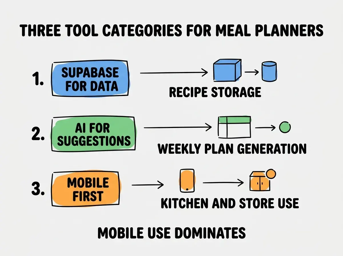 EXPLAINER DIAGRAM titled THREE TOOL CATEGORIES FOR MEAL PLANNERS shown as a vertical numbered list on a slate background. Three rows. Row 1 blue badge SUPABASE FOR DATA sublabel RECIPE STORAGE. Row 2 green badge AI FOR SUGGESTIONS sublabel WEEKLY PLAN GENERATION. Row 3 orange badge MOBILE FIRST sublabel KITCHEN AND STORE USE. Footer reads MOBILE USE DOMINATES. CRITICAL: each label appears only ONCE.