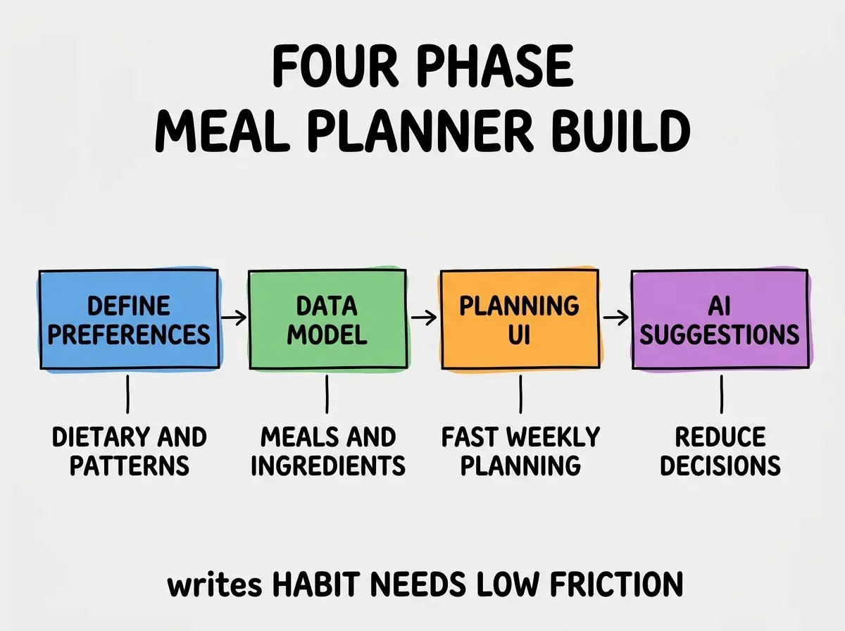 EXPLAINER DIAGRAM titled FOUR PHASE MEAL PLANNER BUILD shown as a horizontal four-stage pipeline on a slate background. Stage 1 colored blue DEFINE PREFERENCES sublabel DIETARY AND PATTERNS. Stage 2 colored green DATA MODEL sublabel MEALS AND INGREDIENTS. Stage 3 colored orange PLANNING UI sublabel FAST WEEKLY PLANNING. Stage 4 colored purple AI SUGGESTIONS sublabel REDUCE DECISIONS. Footer reads HABIT NEEDS LOW FRICTION.