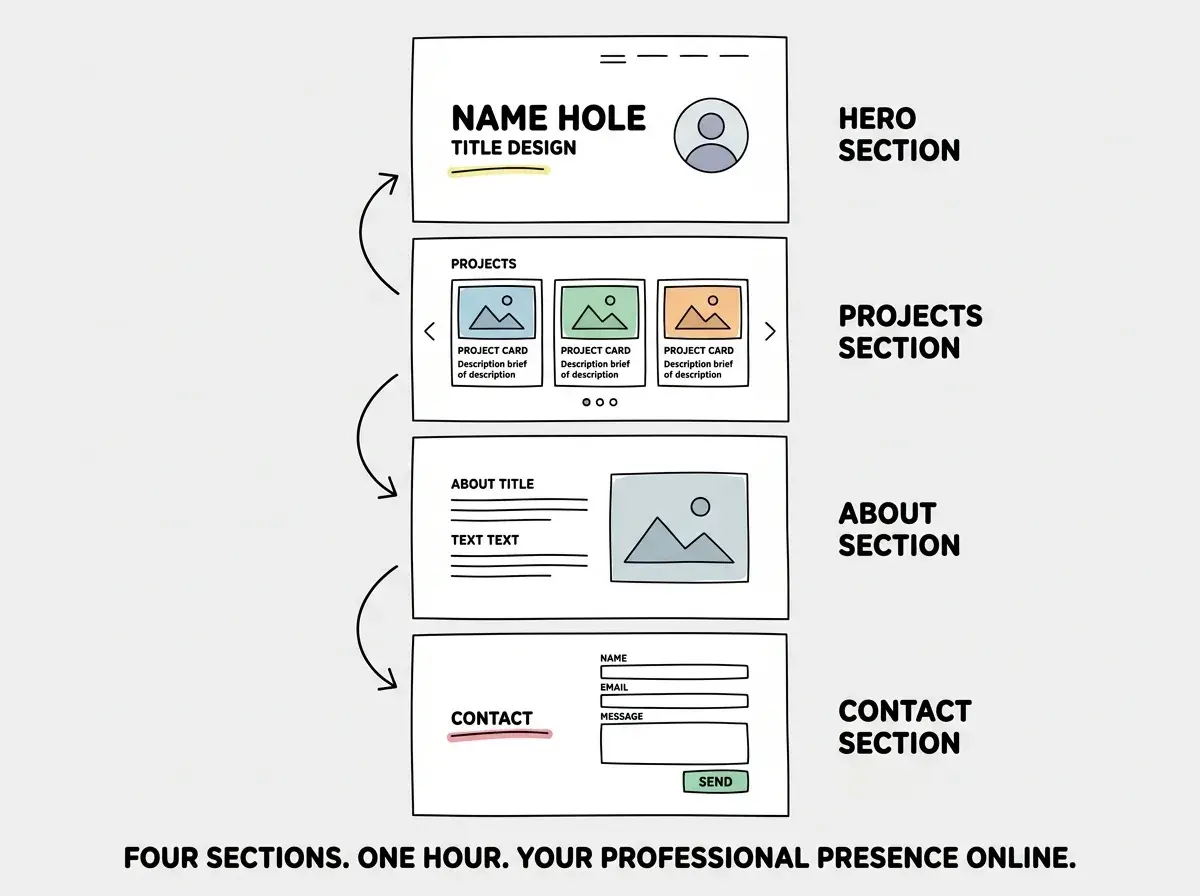 EXPLAINER DIAGRAM: A vertical stack of four wide rectangles representing website sections. Top rectangle labeled HERO SECTION in bold teal text, with smaller labels YOUR NAME, TITLE, and TWO BUTTONS inside. Second rectangle labeled ABOUT SECTION in coral text, with a small square on the left labeled PHOTO and two horizontal lines on the right labeled BIO TEXT. Third rectangle labeled PROJECTS GRID in teal text, containing three smaller squares in a row each labeled PROJECT CARD. Bottom rectangle labeled CONTACT SECTION in coral text with a form outline and three small circles labeled SOCIAL ICONS. A bracket on the right reads ONE PAGE, FOUR SECTIONS. Light gray background.