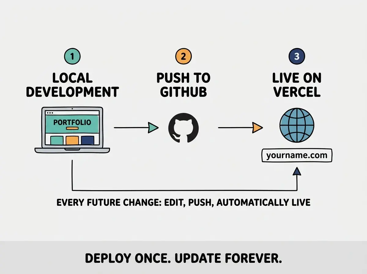 EXPLAINER DIAGRAM: A horizontal three-step flow with large arrow connectors. Left box in teal labeled YOUR AI TOOL with subtitle BUILD AND REFINE. Arrow points to middle box in coral labeled GITHUB with subtitle STORE YOUR CODE. Arrow points to right box in teal labeled VERCEL with subtitle LIVE ON THE INTERNET. Below the three boxes, a small fourth box labeled CUSTOM DOMAIN with a dotted arrow pointing up to the Vercel box and the subtitle YOURNAME.COM. Light gray background.