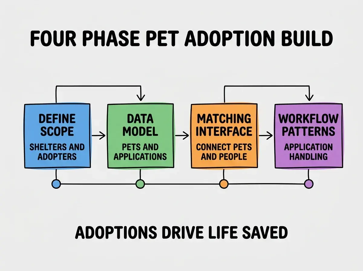 EXPLAINER DIAGRAM titled FOUR PHASE PET ADOPTION BUILD shown as a horizontal four-stage pipeline on a slate background. Stage 1 colored blue DEFINE SCOPE sublabel SHELTERS AND ADOPTERS. Stage 2 colored green DATA MODEL sublabel PETS AND APPLICATIONS. Stage 3 colored orange MATCHING INTERFACE sublabel CONNECT PETS AND PEOPLE. Stage 4 colored purple WORKFLOW PATTERNS sublabel APPLICATION HANDLING. Footer reads ADOPTIONS DRIVE LIFE SAVED.