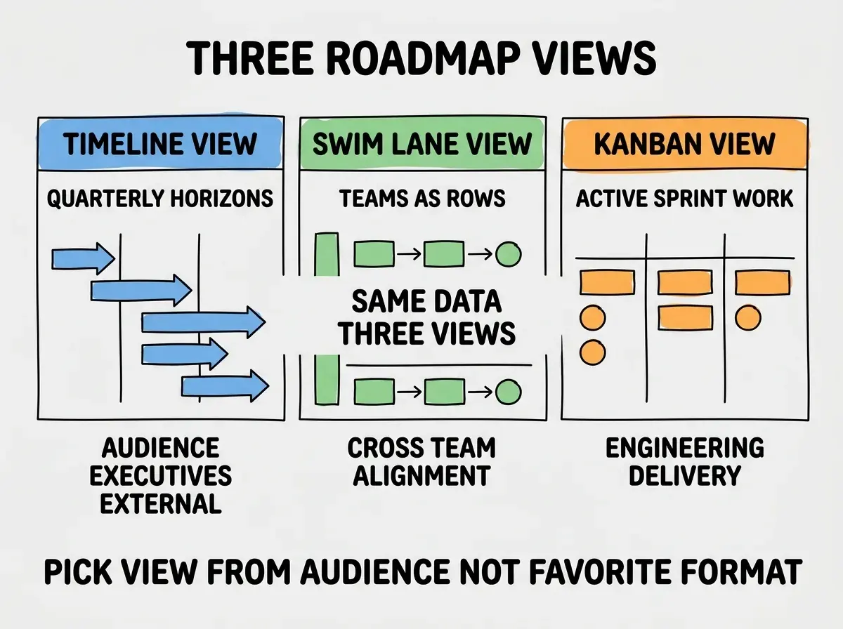 EXPLAINER DIAGRAM titled THREE ROADMAP VIEWS shown as a horizontal three-panel layout on a slate background. Panel 1 colored blue header TIMELINE VIEW sublabel QUARTERLY HORIZONS, audience EXECUTIVES EXTERNAL. Panel 2 colored green header SWIM LANE VIEW sublabel TEAMS AS ROWS, audience CROSS TEAM ALIGNMENT. Panel 3 colored orange header KANBAN VIEW sublabel ACTIVE SPRINT WORK, audience ENGINEERING DELIVERY. Center label reads SAME DATA THREE VIEWS. Footer reads PICK VIEW FROM AUDIENCE NOT FAVORITE FORMAT.