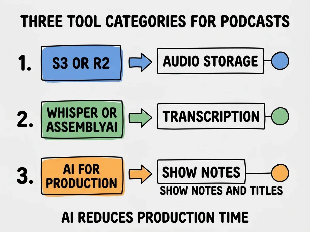 EXPLAINER DIAGRAM titled THREE TOOL CATEGORIES FOR PODCASTS shown as a vertical numbered list on a slate background. Three rows. Row 1 blue badge S3 OR R2 sublabel AUDIO STORAGE. Row 2 green badge WHISPER OR ASSEMBLYAI sublabel TRANSCRIPTION. Row 3 orange badge AI FOR PRODUCTION sublabel SHOW NOTES AND TITLES. Footer reads AI REDUCES PRODUCTION TIME. CRITICAL: each label appears only ONCE.