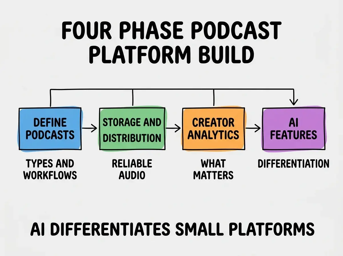 EXPLAINER DIAGRAM titled FOUR PHASE PODCAST PLATFORM BUILD shown as a horizontal four-stage pipeline on a slate background. Stage 1 colored blue DEFINE PODCASTS sublabel TYPES AND WORKFLOWS. Stage 2 colored green STORAGE AND DISTRIBUTION sublabel RELIABLE AUDIO. Stage 3 colored orange CREATOR ANALYTICS sublabel WHAT MATTERS. Stage 4 colored purple AI FEATURES sublabel DIFFERENTIATION. Footer reads AI DIFFERENTIATES SMALL PLATFORMS.