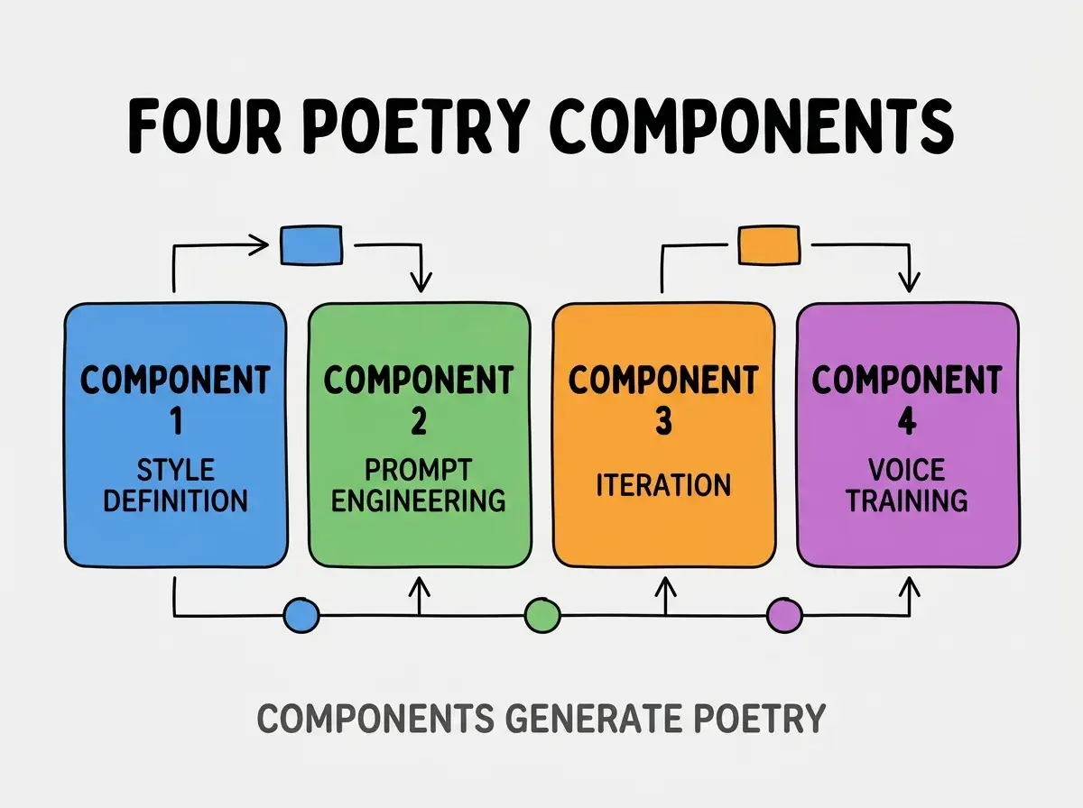 Clean modern flat infographic on light gray background. Top center bold black title text: FOUR POETRY COMPONENTS. Below title, four equal sized colored rounded rectangle cards arranged horizontally. Card 1 blue: large bold text COMPONENT 1 then smaller text STYLE DEFINITION. Card 2 green: large bold text COMPONENT 2 then smaller text PROMPT ENGINEERING. Card 3 orange: large bold text COMPONENT 3 then smaller text ITERATION. Card 4 purple: large bold text COMPONENT 4 then smaller text VOICE TRAINING. Single footer line below cards in dark gray text: COMPONENTS GENERATE POETRY. Nothing else on canvas. No text outside cards or below cards.