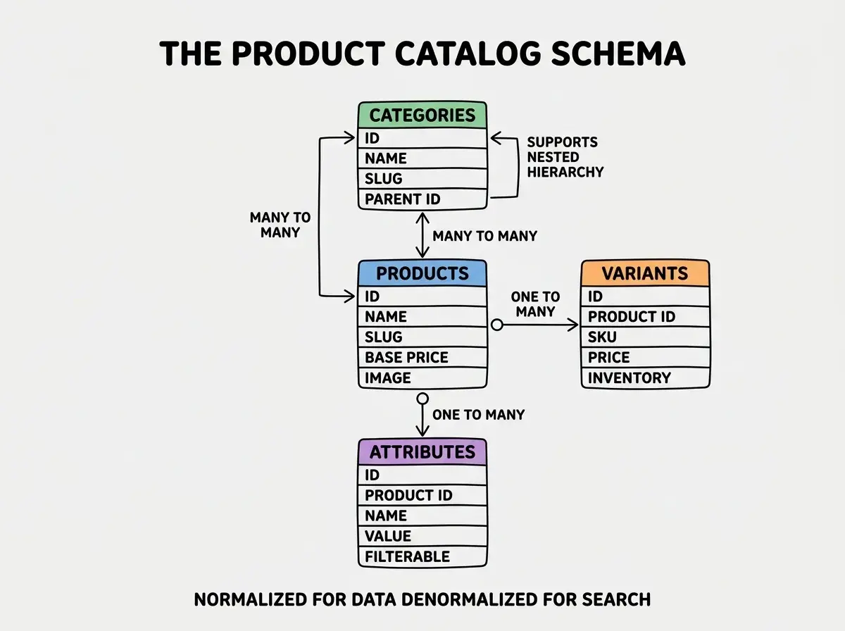 EXPLAINER DIAGRAM titled THE PRODUCT CATALOG SCHEMA shown as a four-table entity relationship diagram on a slate background. Center table colored blue labeled PRODUCTS with fields ID, NAME, SLUG, DESCRIPTION, BASE PRICE, DEFAULT IMAGE. Top table colored green labeled CATEGORIES with fields ID, NAME, SLUG, PARENT ID, with note SUPPORTS NESTED HIERARCHY. Right table colored orange labeled VARIANTS with fields ID, PRODUCT ID, SKU, PRICE, INVENTORY, OPTIONS JSON. Bottom table colored purple labeled ATTRIBUTES with fields ID, PRODUCT ID, NAME, VALUE, FILTERABLE BOOL. Lines connect tables with cardinality labels MANY TO MANY, ONE TO MANY, MANY TO MANY. Footer reads NORMALIZED FOR DATA, DENORMALIZED FOR SEARCH.