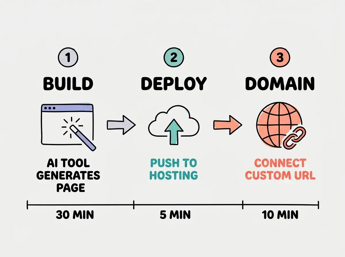 EXPLAINER DIAGRAM: A three-step horizontal flow diagram. Step 1 labeled BUILD shows a browser window icon with a wand icon overlay and the text AI TOOL GENERATES PAGE. An arrow points right to Step 2 labeled DEPLOY showing a cloud icon with an upward arrow and the text PUSH TO HOSTING in teal. Another arrow points right to Step 3 labeled DOMAIN showing a globe icon with a link chain and the text CONNECT CUSTOM URL in coral. Below all three steps, a timeline bar shows approximate times: 30 MIN, 5 MIN, and 10 MIN respectively. Light gray background.