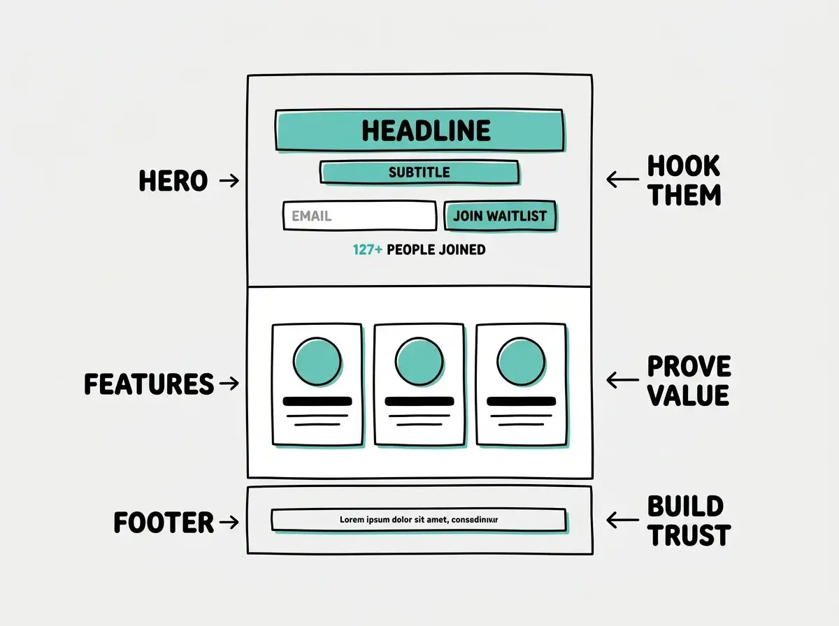 EXPLAINER DIAGRAM: A vertical layout showing the anatomy of a launch page. Top section labeled HERO shows a large headline bar, a subtitle bar below it, and an email input field next to a button labeled JOIN WAITLIST. Below that, a small counter reads 127+ PEOPLE JOINED in accent-colored text. Middle section labeled FEATURES shows three cards side by side, each with a circle icon on top and two lines of text below. Bottom section labeled FOOTER shows a thin bar with small text. Arrows on the right side label each section: HOOK THEM, PROVE VALUE, and BUILD TRUST. Light gray background with teal accent elements.
