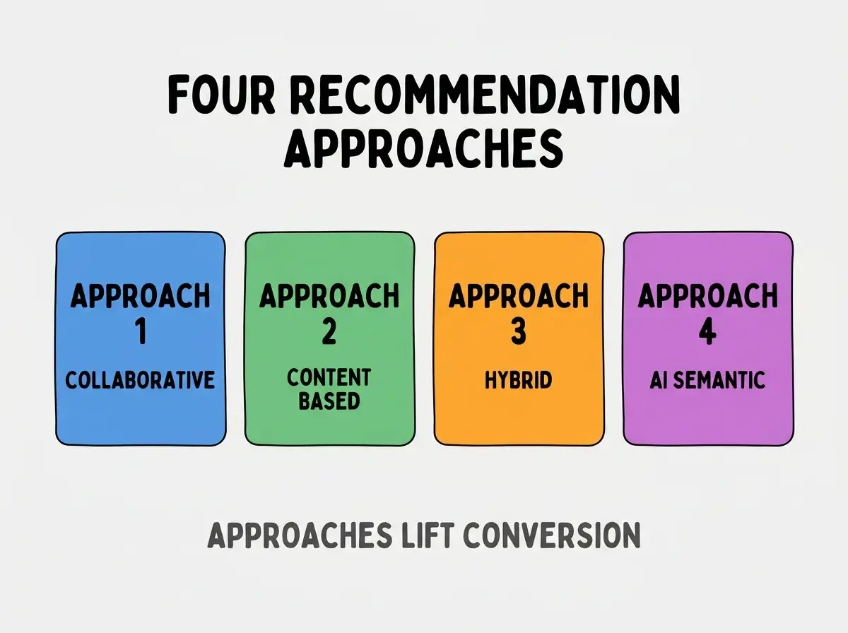 Clean modern flat infographic on light gray background. Top center bold black title text: FOUR RECOMMENDATION APPROACHES. Below title, four equal sized colored rounded rectangle cards arranged horizontally. Card 1 blue: large bold text APPROACH 1 then smaller text COLLABORATIVE. Card 2 green: large bold text APPROACH 2 then smaller text CONTENT BASED. Card 3 orange: large bold text APPROACH 3 then smaller text HYBRID. Card 4 purple: large bold text APPROACH 4 then smaller text AI SEMANTIC. Single footer line below cards in dark gray text: APPROACHES LIFT CONVERSION. Nothing else on canvas. No text outside cards or below cards.