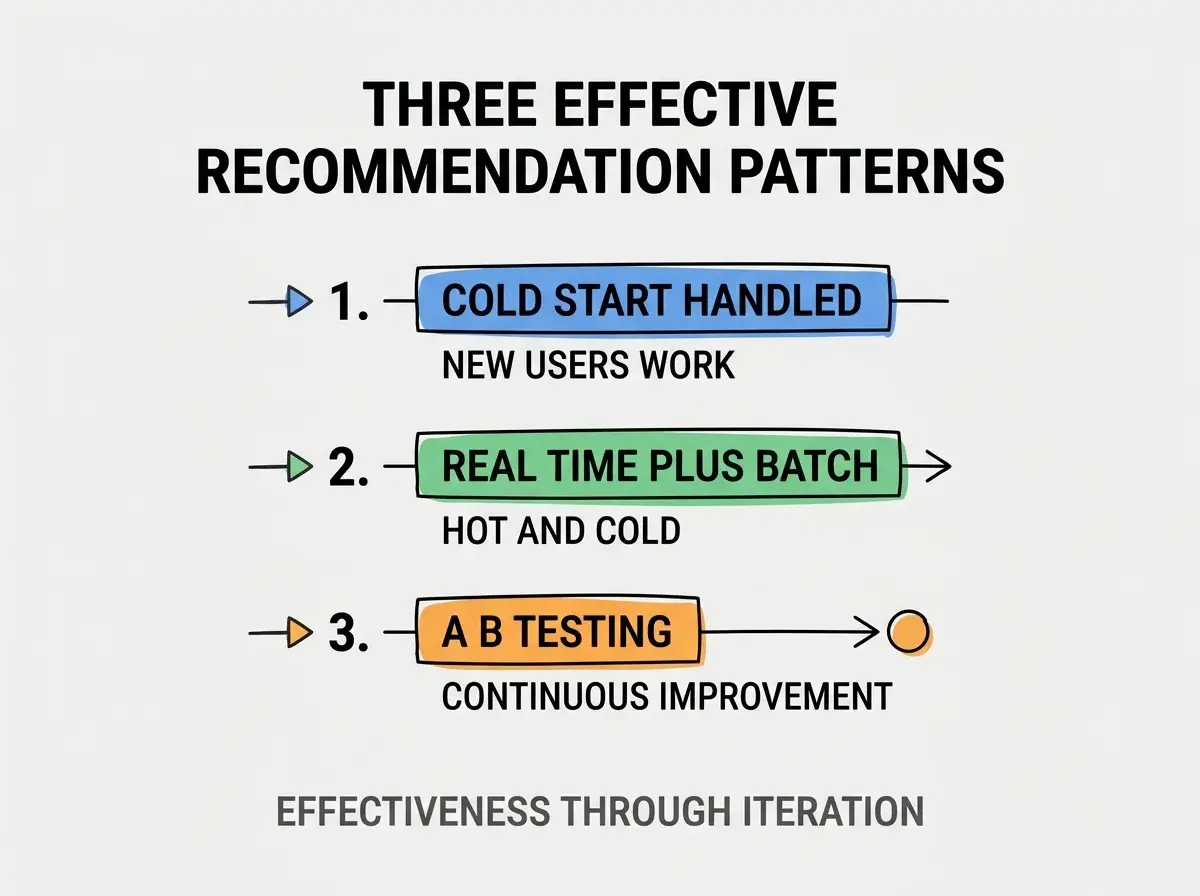 Clean modern flat infographic on light gray background. Top title bold black: THREE EFFECTIVE RECOMMENDATION PATTERNS. Single vertical numbered list with three rows. Row 1 blue badge COLD START HANDLED with subtitle NEW USERS WORK. Row 2 green badge REAL TIME PLUS BATCH with subtitle HOT AND COLD. Row 3 orange badge A B TESTING with subtitle CONTINUOUS IMPROVEMENT. Footer text dark gray: EFFECTIVENESS THROUGH ITERATION. Each label appears exactly once. No duplicated text.