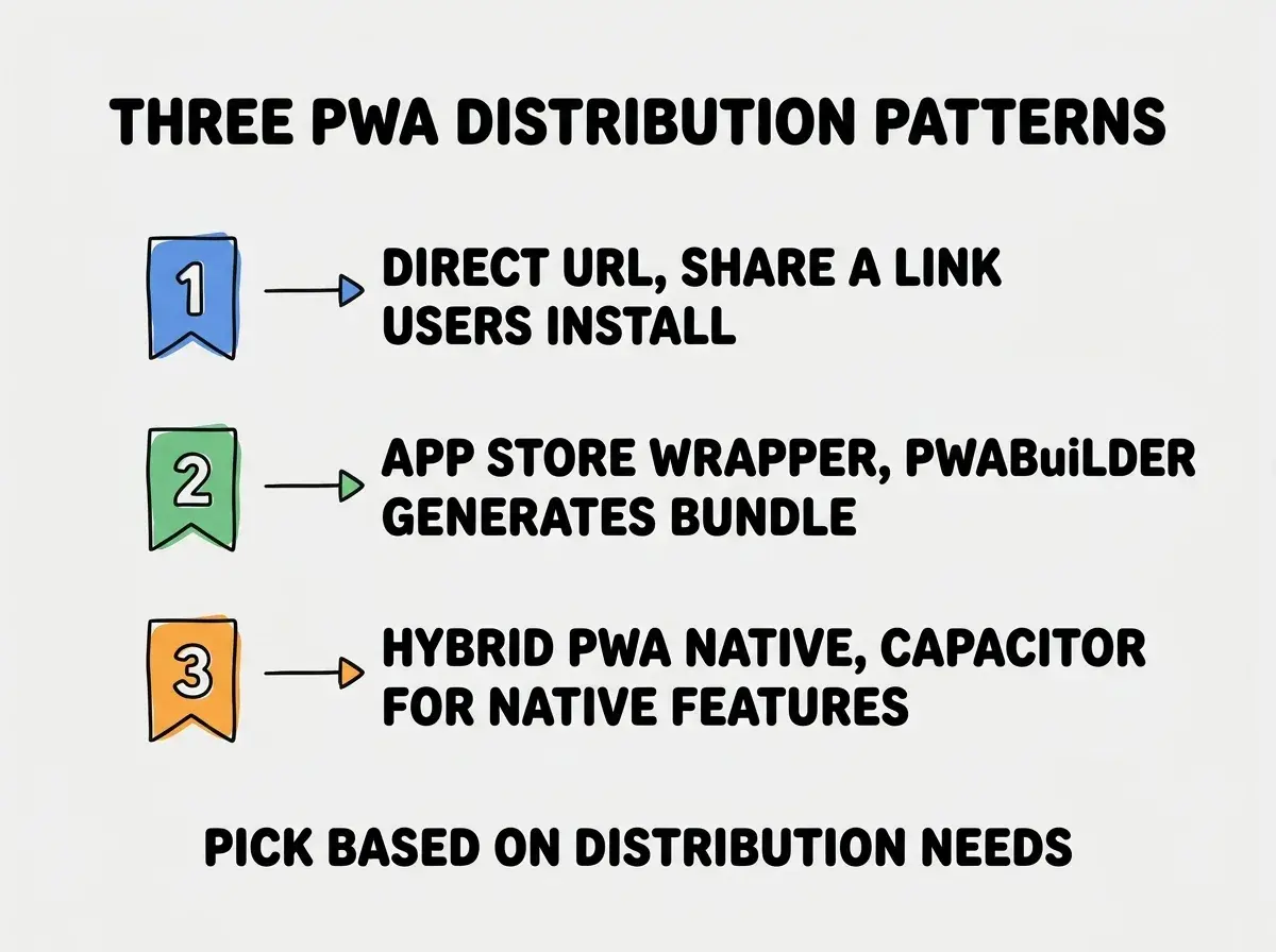 EXPLAINER DIAGRAM titled THREE PWA DISTRIBUTION PATTERNS shown as a vertical numbered list on a slate background. Three rows. Row 1 blue badge DIRECT URL sublabel SHARE A LINK USERS INSTALL. Row 2 green badge APP STORE WRAPPER sublabel PWABuilder GENERATES BUNDLE. Row 3 orange badge HYBRID PWA NATIVE sublabel CAPACITOR FOR NATIVE FEATURES. Footer reads PICK BASED ON DISTRIBUTION NEEDS.