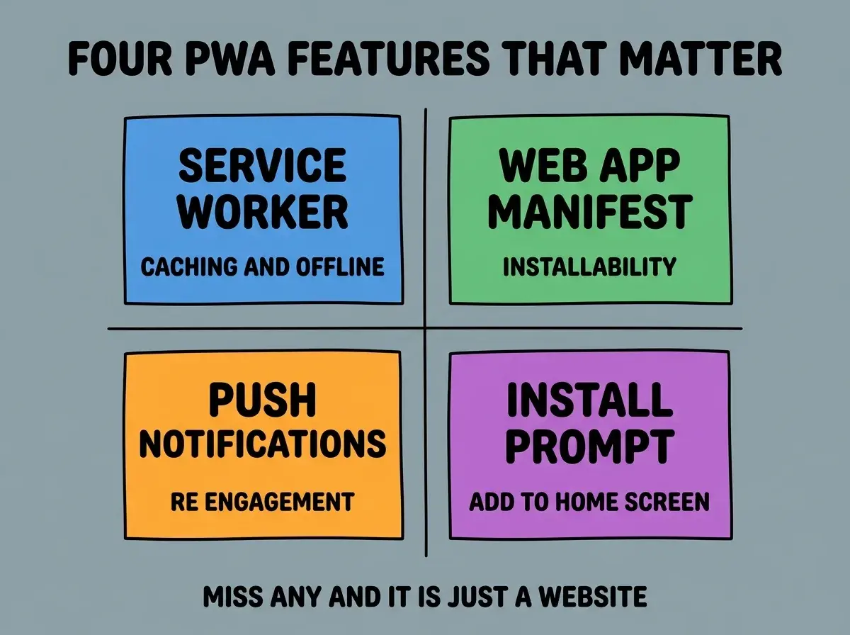 EXPLAINER DIAGRAM titled FOUR PWA FEATURES THAT MATTER shown as a 2x2 grid of quadrants on a slate background. Top left blue SERVICE WORKER sublabel CACHING AND OFFLINE. Top right green WEB APP MANIFEST sublabel INSTALLABILITY. Bottom left orange PUSH NOTIFICATIONS sublabel RE ENGAGEMENT. Bottom right purple INSTALL PROMPT sublabel ADD TO HOME SCREEN. Center label reads ALL FOUR TOGETHER MAKE A REAL PWA. Footer reads MISS ANY AND IT IS JUST A WEBSITE.