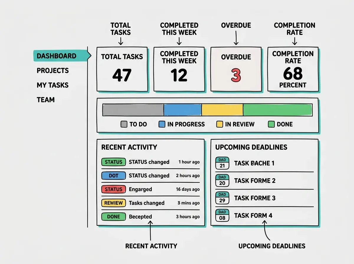 EXPLAINER DIAGRAM: A wireframe mockup of a project dashboard layout. Top row shows four stat cards in a horizontal line labeled TOTAL TASKS with number 47, COMPLETED THIS WEEK with number 12, OVERDUE with number 3 in red, and COMPLETION RATE with 68 percent. Below the stats is a horizontal stacked bar chart showing task distribution across four colored segments: gray for To Do, blue for In Progress, yellow for In Review, and green for Done. Below the bar chart are two side-by-side panels. Left panel labeled RECENT ACTIVITY shows five rows with status change indicators and timestamps. Right panel labeled UPCOMING DEADLINES shows four rows with date badges and task names. A navigation sidebar on the left shows menu items: Dashboard, Projects, My Tasks, Team. Clean lines with teal accents on a light gray background.