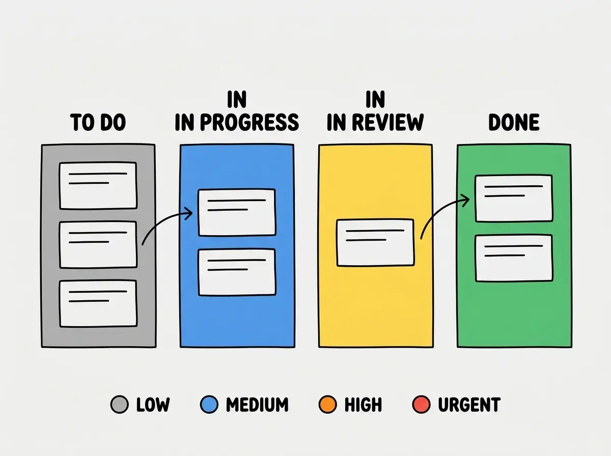 EXPLAINER DIAGRAM: A horizontal flowchart showing four status columns from left to right. First column in gray labeled TO DO with three stacked task cards. Second column in blue labeled IN PROGRESS with two stacked task cards. Third column in yellow labeled IN REVIEW with one task card. Fourth column in green labeled DONE with two stacked task cards. Curved arrows show a task card moving from TO DO to IN PROGRESS and another moving from IN REVIEW to DONE. A legend at the bottom shows priority indicators: a small gray circle for Low, blue circle for Medium, orange circle for High, and red circle for Urgent. Light gray background.
