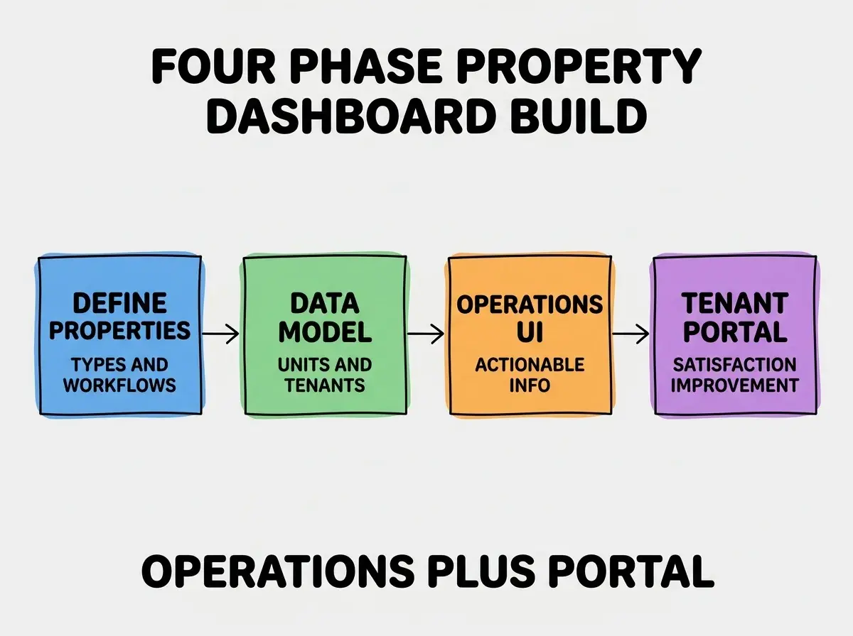 EXPLAINER DIAGRAM titled FOUR PHASE PROPERTY DASHBOARD BUILD shown as a horizontal four-stage pipeline on a slate background. Stage 1 colored blue DEFINE PROPERTIES sublabel TYPES AND WORKFLOWS. Stage 2 colored green DATA MODEL sublabel UNITS AND TENANTS. Stage 3 colored orange OPERATIONS UI sublabel ACTIONABLE INFO. Stage 4 colored purple TENANT PORTAL sublabel SATISFACTION IMPROVEMENT. Footer reads OPERATIONS PLUS PORTAL.