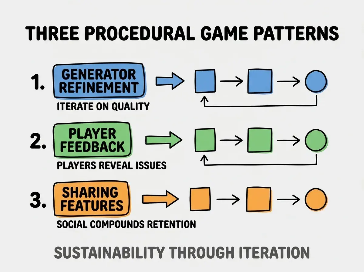 Clean modern flat infographic on light gray background. Top title bold black: THREE PROCEDURAL GAME PATTERNS. Single vertical numbered list with three rows. Row 1 blue badge GENERATOR REFINEMENT with subtitle ITERATE ON QUALITY. Row 2 green badge PLAYER FEEDBACK with subtitle PLAYERS REVEAL ISSUES. Row 3 orange badge SHARING FEATURES with subtitle SOCIAL COMPOUNDS RETENTION. Footer text dark gray: SUSTAINABILITY THROUGH ITERATION. Each label appears exactly once. No duplicated text.