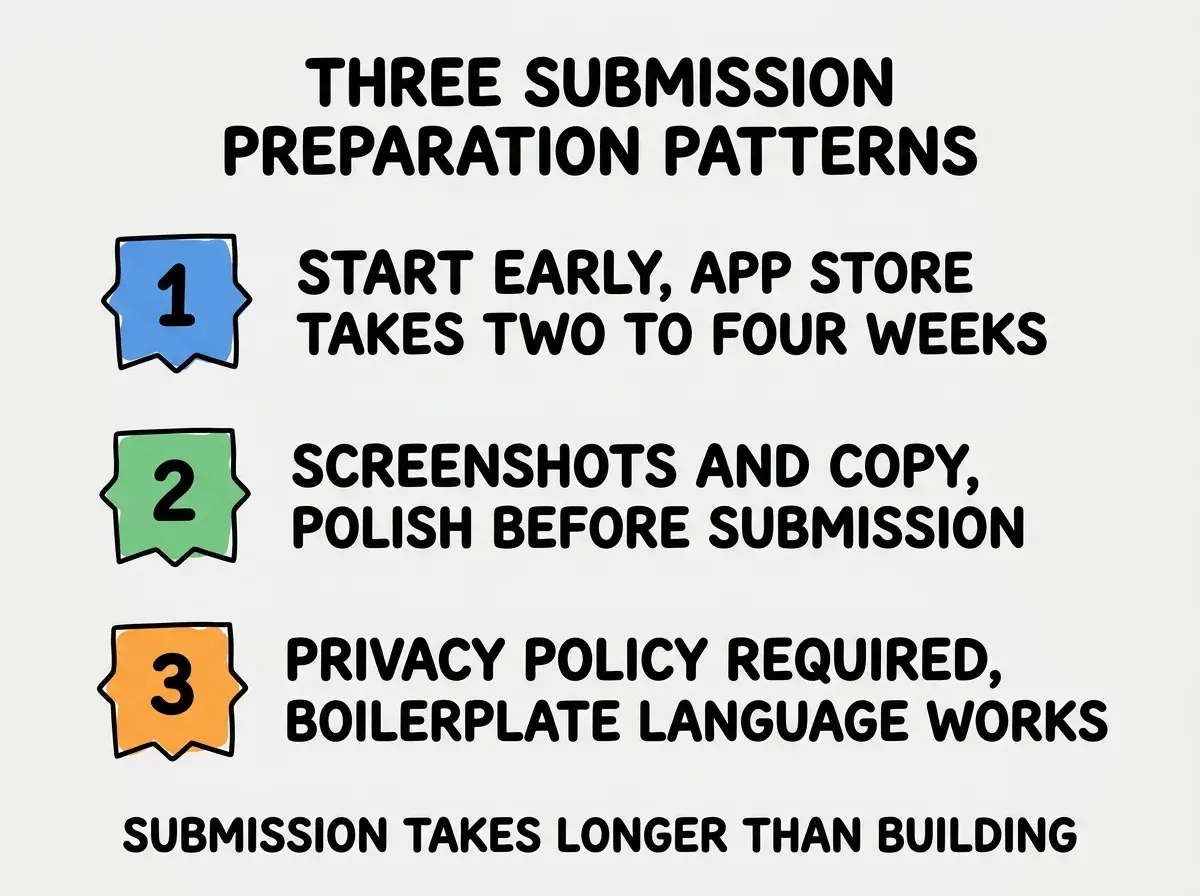 EXPLAINER DIAGRAM titled THREE SUBMISSION PREPARATION PATTERNS shown as a vertical numbered list on a slate background. Three rows. Row 1 blue badge START EARLY sublabel APP STORE TAKES TWO TO FOUR WEEKS. Row 2 green badge SCREENSHOTS AND COPY sublabel POLISH BEFORE SUBMISSION. Row 3 orange badge PRIVACY POLICY REQUIRED sublabel PLAUSIBLE LANGUAGE WORKS. Footer reads SUBMISSION TAKES LONGER THAN BUILDING.