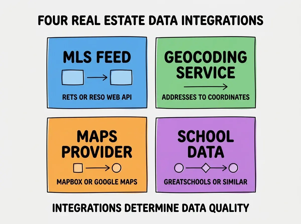 EXPLAINER DIAGRAM titled FOUR REAL ESTATE DATA INTEGRATIONS shown as a 2x2 grid of quadrants on a slate background. Top left blue MLS FEED sublabel RETS OR RESO WEB API. Top right green GEOCODING SERVICE sublabel ADDRESSES TO COORDINATES. Bottom left orange MAPS PROVIDER sublabel MAPBOX OR GOOGLE MAPS. Bottom right purple SCHOOL DATA sublabel GREATSCHOOLS OR SIMILAR. Center label reads ALL FOUR ARE FOUNDATIONAL. Footer reads INTEGRATIONS DETERMINE DATA QUALITY.