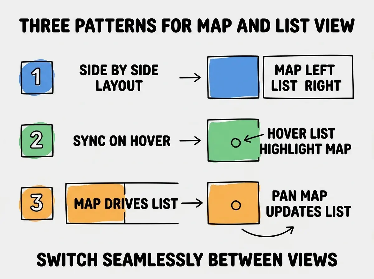 EXPLAINER DIAGRAM titled THREE PATTERNS FOR MAP AND LIST VIEW shown as a vertical numbered list on a slate background. Three rows. Row 1 blue badge SIDE BY SIDE LAYOUT sublabel MAP LEFT LIST RIGHT. Row 2 green badge SYNC ON HOVER sublabel HOVER LIST HIGHLIGHT MAP. Row 3 orange badge MAP DRIVES LIST sublabel PAN MAP UPDATES LIST. Footer reads SWITCH SEAMLESSLY BETWEEN VIEWS.