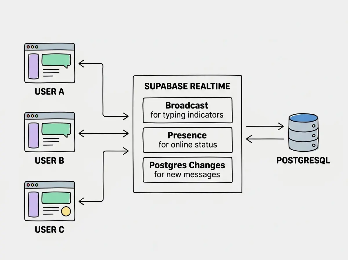 EXPLAINER DIAGRAM: Architecture overview of a real-time chat app. On the left, three browser clients labeled User A, User B, and User C each connect via arrows to a central box labeled Supabase Realtime. Three sub-boxes inside the Supabase Realtime box are labeled Broadcast for typing indicators, Presence for online status, and Postgres Changes for new messages. The Supabase Realtime box connects to a database icon labeled PostgreSQL on the right with arrows going both directions. Clean lines on a light background.