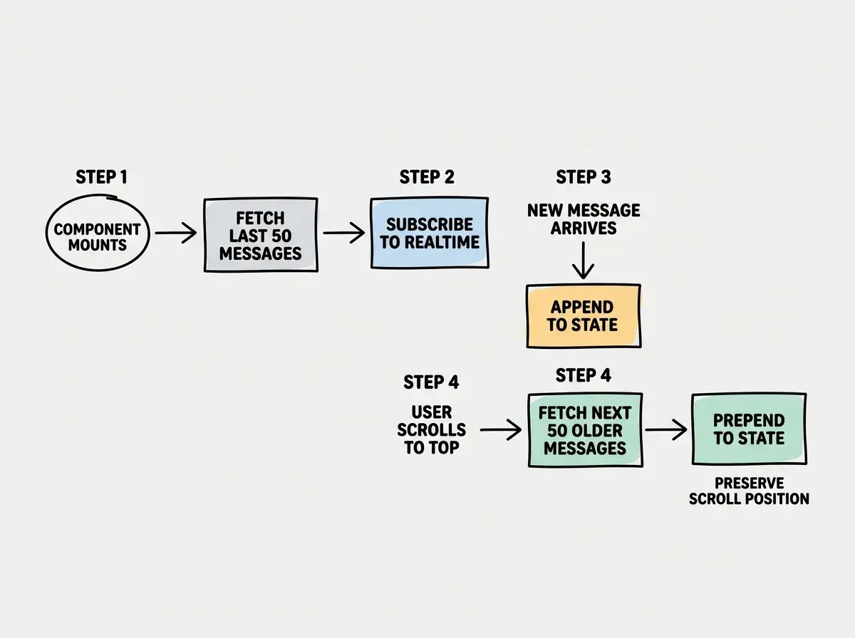 EXPLAINER DIAGRAM: Sequence diagram showing the message loading flow. Step 1 labeled Component Mounts has an arrow pointing right to a box labeled Fetch Last 50 Messages. Step 2 has an arrow from that box pointing right to Subscribe to Realtime. Step 3 labeled New Message Arrives has a downward arrow to Append to State. Step 4 labeled User Scrolls to Top has an arrow pointing right to Fetch Next 50 Older Messages then an arrow to Prepend to State with a note reading Preserve Scroll Position. Clean horizontal flow on a light background.