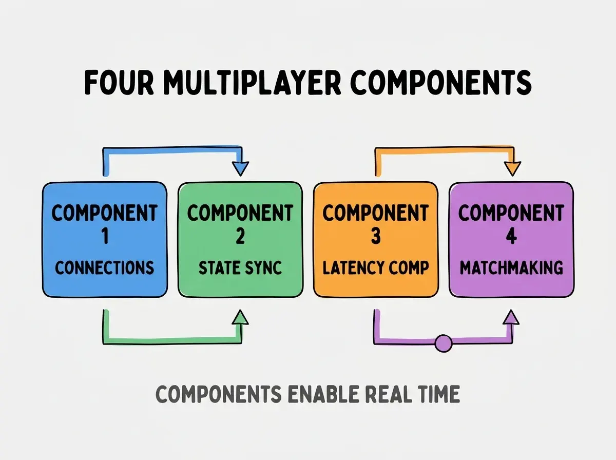 Clean modern flat infographic on light gray background. Top center bold black title text: FOUR MULTIPLAYER COMPONENTS. Below title, four equal sized colored rounded rectangle cards arranged horizontally. Card 1 blue: large bold text COMPONENT 1 then smaller text CONNECTIONS. Card 2 green: large bold text COMPONENT 2 then smaller text STATE SYNC. Card 3 orange: large bold text COMPONENT 3 then smaller text LATENCY COMP. Card 4 purple: large bold text COMPONENT 4 then smaller text MATCHMAKING. Single footer line below cards in dark gray text: COMPONENTS ENABLE REAL TIME. Nothing else on canvas. No text outside cards or below cards.