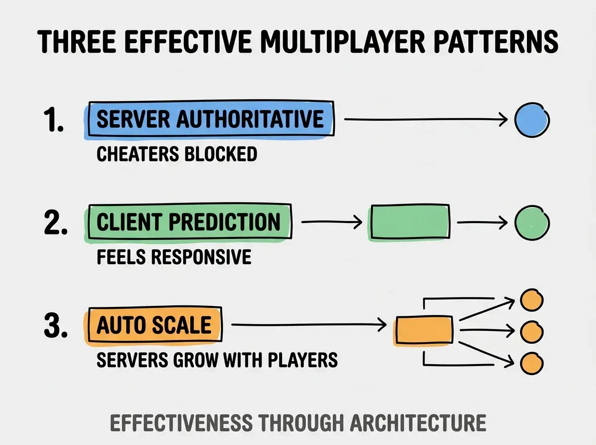 Clean modern flat infographic on light gray background. Top title bold black: THREE EFFECTIVE MULTIPLAYER PATTERNS. Single vertical numbered list with three rows. Row 1 blue badge SERVER AUTHORITATIVE with subtitle CHEATERS BLOCKED. Row 2 green badge CLIENT PREDICTION with subtitle FEELS RESPONSIVE. Row 3 orange badge AUTO SCALE with subtitle SERVERS GROW WITH PLAYERS. Footer text dark gray: EFFECTIVENESS THROUGH ARCHITECTURE. Each label appears exactly once. No duplicated text.
