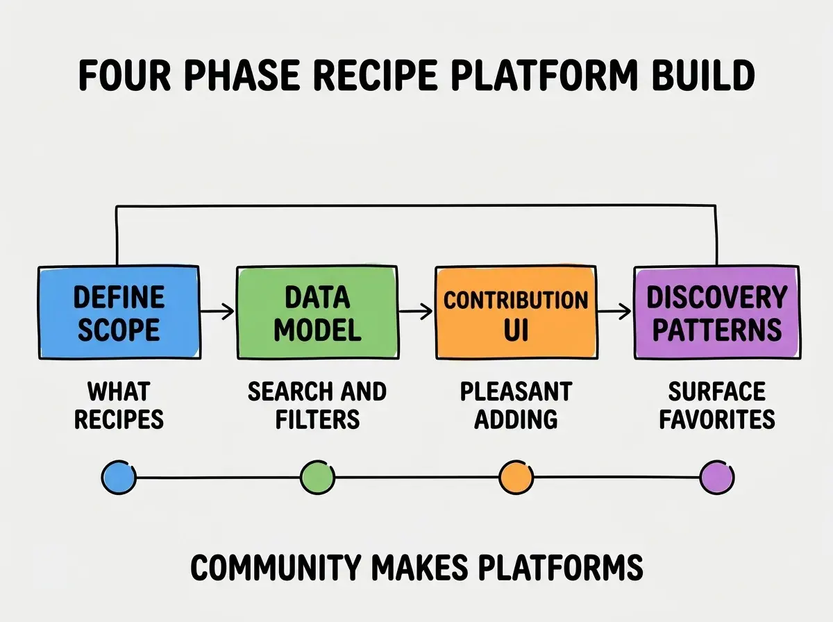 EXPLAINER DIAGRAM titled FOUR PHASE RECIPE PLATFORM BUILD shown as a horizontal four-stage pipeline on a slate background. Stage 1 colored blue DEFINE SCOPE sublabel WHAT RECIPES. Stage 2 colored green DATA MODEL sublabel SEARCH AND FILTERS. Stage 3 colored orange CONTRIBUTION UI sublabel PLEASANT ADDING. Stage 4 colored purple DISCOVERY PATTERNS sublabel SURFACE FAVORITES. Footer reads COMMUNITY MAKES PLATFORMS.