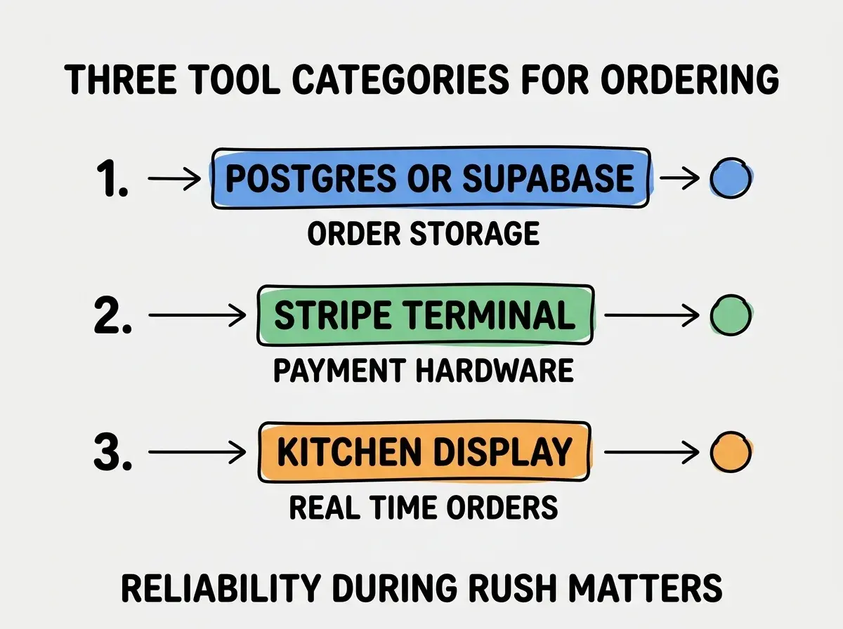 EXPLAINER DIAGRAM titled THREE TOOL CATEGORIES FOR ORDERING shown as a vertical numbered list on a slate background. Three rows. Row 1 blue badge POSTGRES OR SUPABASE sublabel ORDER STORAGE. Row 2 green badge STRIPE TERMINAL sublabel PAYMENT HARDWARE. Row 3 orange badge KITCHEN DISPLAY sublabel REAL TIME ORDERS. Footer reads RELIABILITY DURING RUSH MATTERS. CRITICAL: each label appears only ONCE.