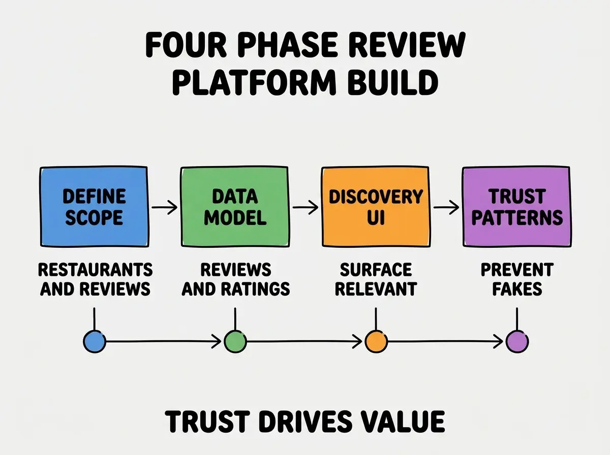 EXPLAINER DIAGRAM titled FOUR PHASE REVIEW PLATFORM BUILD shown as a horizontal four-stage pipeline on a slate background. Stage 1 colored blue DEFINE SCOPE sublabel RESTAURANTS AND REVIEWS. Stage 2 colored green DATA MODEL sublabel REVIEWS AND RATINGS. Stage 3 colored orange DISCOVERY UI sublabel SURFACE RELEVANT. Stage 4 colored purple TRUST PATTERNS sublabel PREVENT FAKES. Footer reads TRUST DRIVES VALUE.