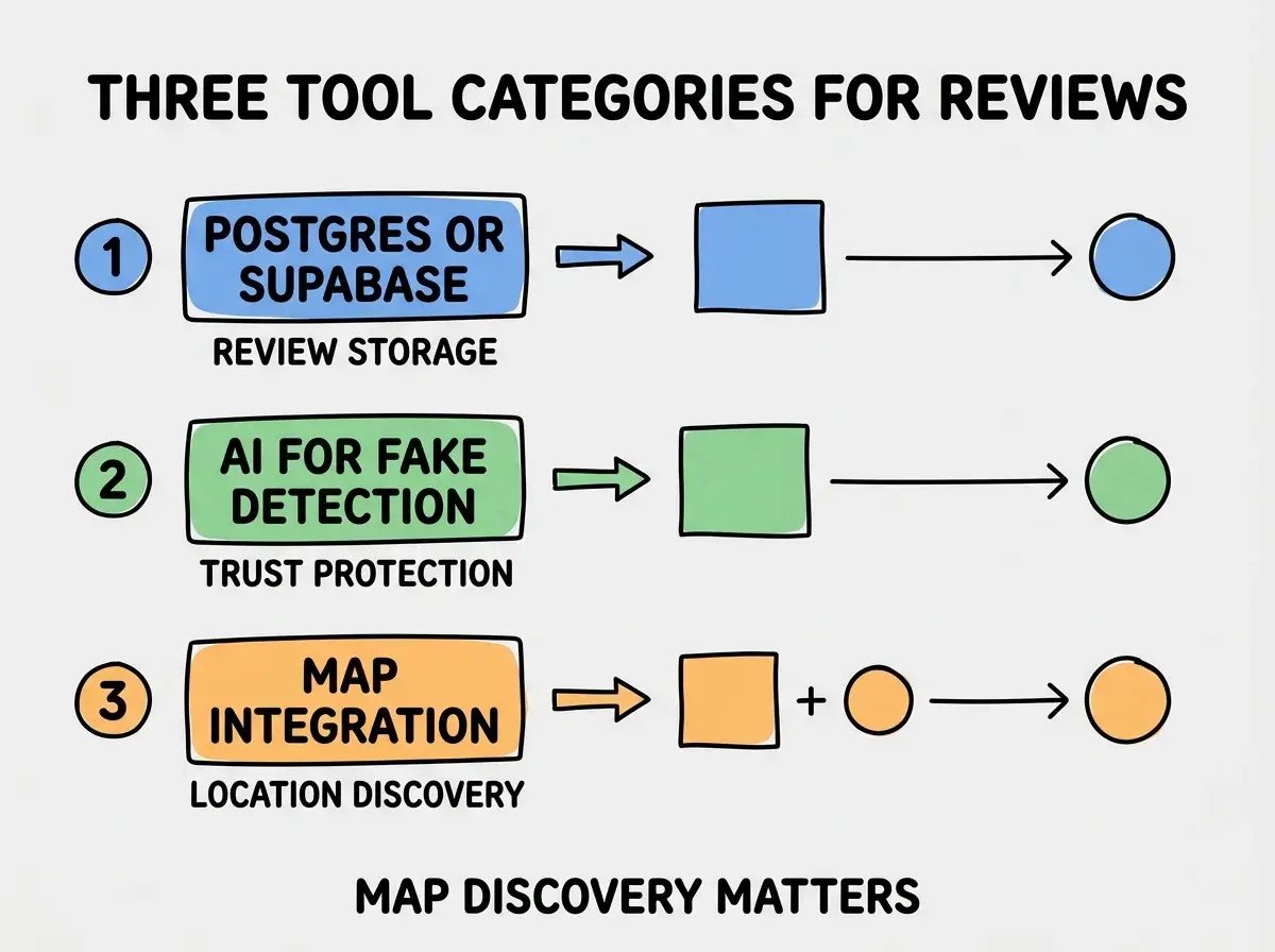 EXPLAINER DIAGRAM titled THREE TOOL CATEGORIES FOR REVIEWS shown as a vertical numbered list on a slate background. Three rows. Row 1 blue badge POSTGRES OR SUPABASE sublabel REVIEW STORAGE. Row 2 green badge AI FOR FAKE DETECTION sublabel TRUST PROTECTION. Row 3 orange badge MAP INTEGRATION sublabel LOCATION DISCOVERY. Footer reads MAP DISCOVERY MATTERS. CRITICAL: each label appears only ONCE.