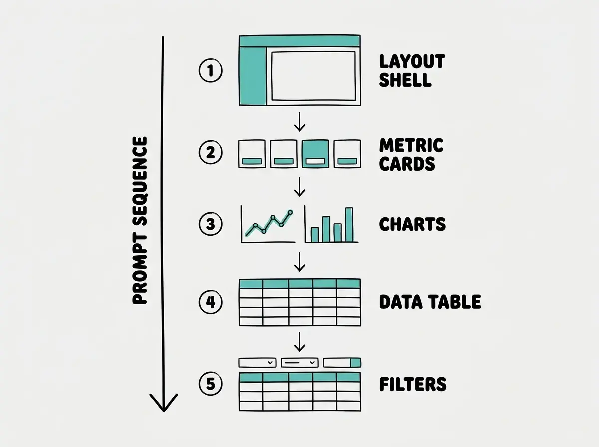 EXPLAINER DIAGRAM: A vertical sequence of five numbered steps connected by arrows. Step 1 labeled LAYOUT SHELL shows a wireframe box divided into sidebar and main area. Step 2 labeled METRIC CARDS shows four small rectangles in a horizontal row. Step 3 labeled CHARTS shows a line chart and a bar chart side by side. Step 4 labeled DATA TABLE shows a grid of rows and columns. Step 5 labeled FILTERS shows a row of dropdown and input elements above the table. A vertical arrow labeled PROMPT SEQUENCE flows top to bottom. Light gray background with teal accents.