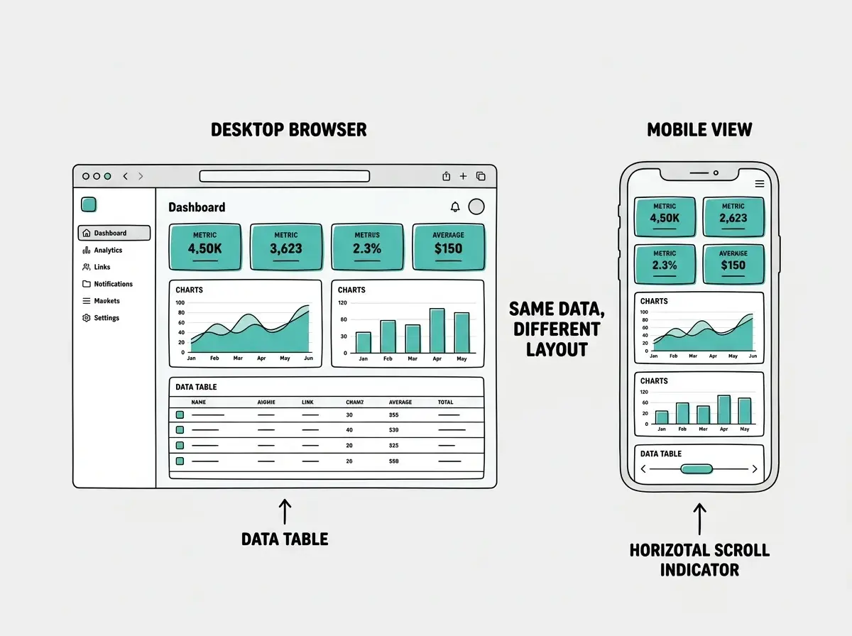 EXPLAINER DIAGRAM: Two side-by-side device frames. The left frame shows a desktop browser with a full dashboard layout: sidebar on the left, four metric cards in a horizontal row, two charts side by side, and a data table below. The right frame shows a mobile phone with the same dashboard adapted: no sidebar visible, metric cards in a 2x2 grid, charts stacked vertically, and a horizontal scroll indicator on the data table. A label between the two frames reads SAME DATA, DIFFERENT LAYOUT. Teal accent color on key elements. Light gray background.