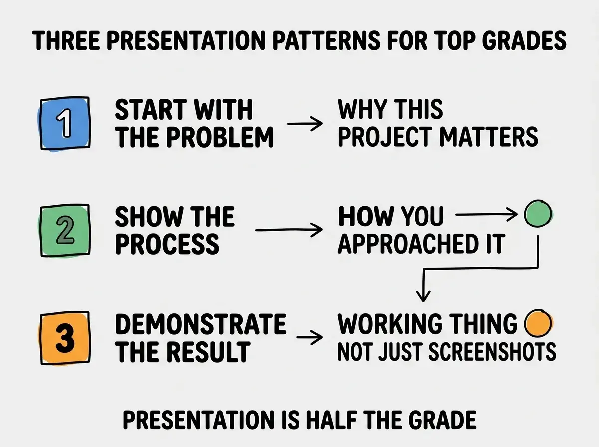 EXPLAINER DIAGRAM titled THREE PRESENTATION PATTERNS FOR TOP GRADES shown as a vertical numbered list on a slate background. Three rows. Row 1 blue badge START WITH THE PROBLEM sublabel WHY THIS PROJECT MATTERS. Row 2 green badge SHOW THE PROCESS sublabel HOW YOU APPROACHED IT. Row 3 orange badge DEMONSTRATE THE RESULT sublabel WORKING THING NOT JUST SCREENSHOTS. Footer reads PRESENTATION IS HALF THE GRADE.