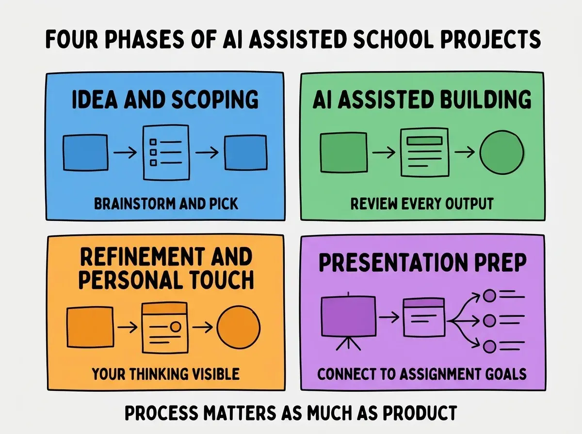EXPLAINER DIAGRAM titled FOUR PHASES OF AI ASSISTED SCHOOL PROJECTS shown as a 2x2 grid of quadrants on a slate background. Top left blue IDEA AND SCOPING sublabel BRAINSTORM AND PICK. Top right green AI ASSISTED BUILDING sublabel REVIEW EVERY OUTPUT. Bottom left orange REFINEMENT AND PERSONAL TOUCH sublabel YOUR THINKING VISIBLE. Bottom right purple PRESENTATION PREP sublabel CONNECT TO ASSIGNMENT GOALS. Center label reads ALL FOUR PHASES PRODUCE BETTER OUTCOMES. Footer reads PROCESS MATTERS AS MUCH AS PRODUCT.