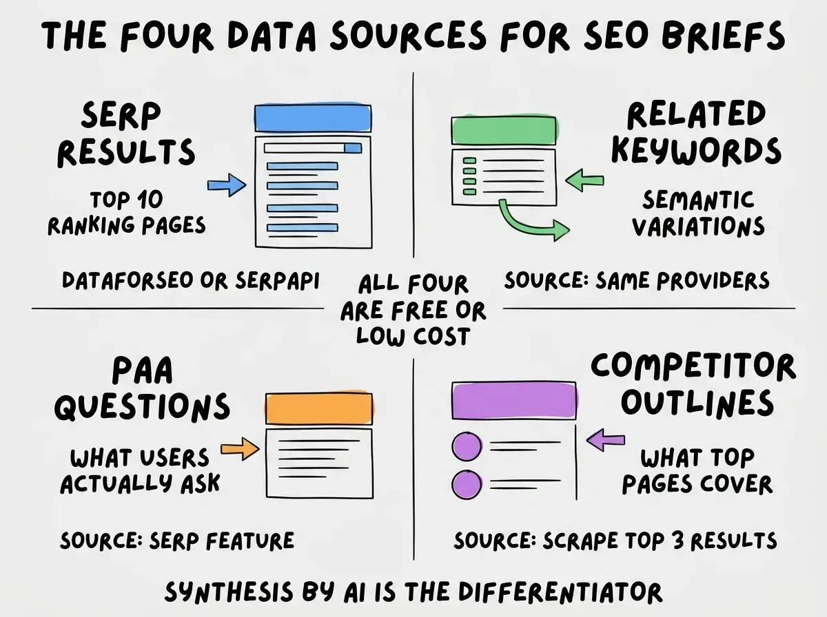 EXPLAINER DIAGRAM titled THE FOUR DATA SOURCES FOR SEO BRIEFS shown as a 2x2 grid of quadrants on a slate background. Top left blue SERP RESULTS sublabel TOP 10 RANKING PAGES, source DATAFORSEO OR SERPAPI. Top right green RELATED KEYWORDS sublabel SEMANTIC VARIATIONS, source SAME PROVIDERS. Bottom left orange PAA QUESTIONS sublabel WHAT USERS ACTUALLY ASK, source SERP FEATURE. Bottom right purple COMPETITOR OUTLINES sublabel WHAT TOP PAGES COVER, source SCRAPE TOP 3 RESULTS. Center label reads ALL FOUR ARE FREE OR LOW COST. Footer reads SYNTHESIS BY AI IS THE DIFFERENTIATOR.