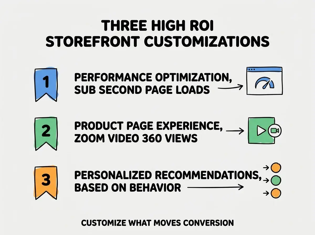 EXPLAINER DIAGRAM titled THREE HIGH ROI STOREFRONT CUSTOMIZATIONS shown as a vertical numbered list on a slate background. Three rows. Row 1 blue badge PERFORMANCE OPTIMIZATION sublabel SUB SECOND PAGE LOADS. Row 2 green badge PRODUCT PAGE EXPERIENCE sublabel ZOOM VIDEO 360 VIEWS. Row 3 orange badge PERSONALIZED RECOMMENDATIONS sublabel BASED ON BEHAVIOR. Footer reads CUSTOMIZE WHAT MOVES CONVERSION.