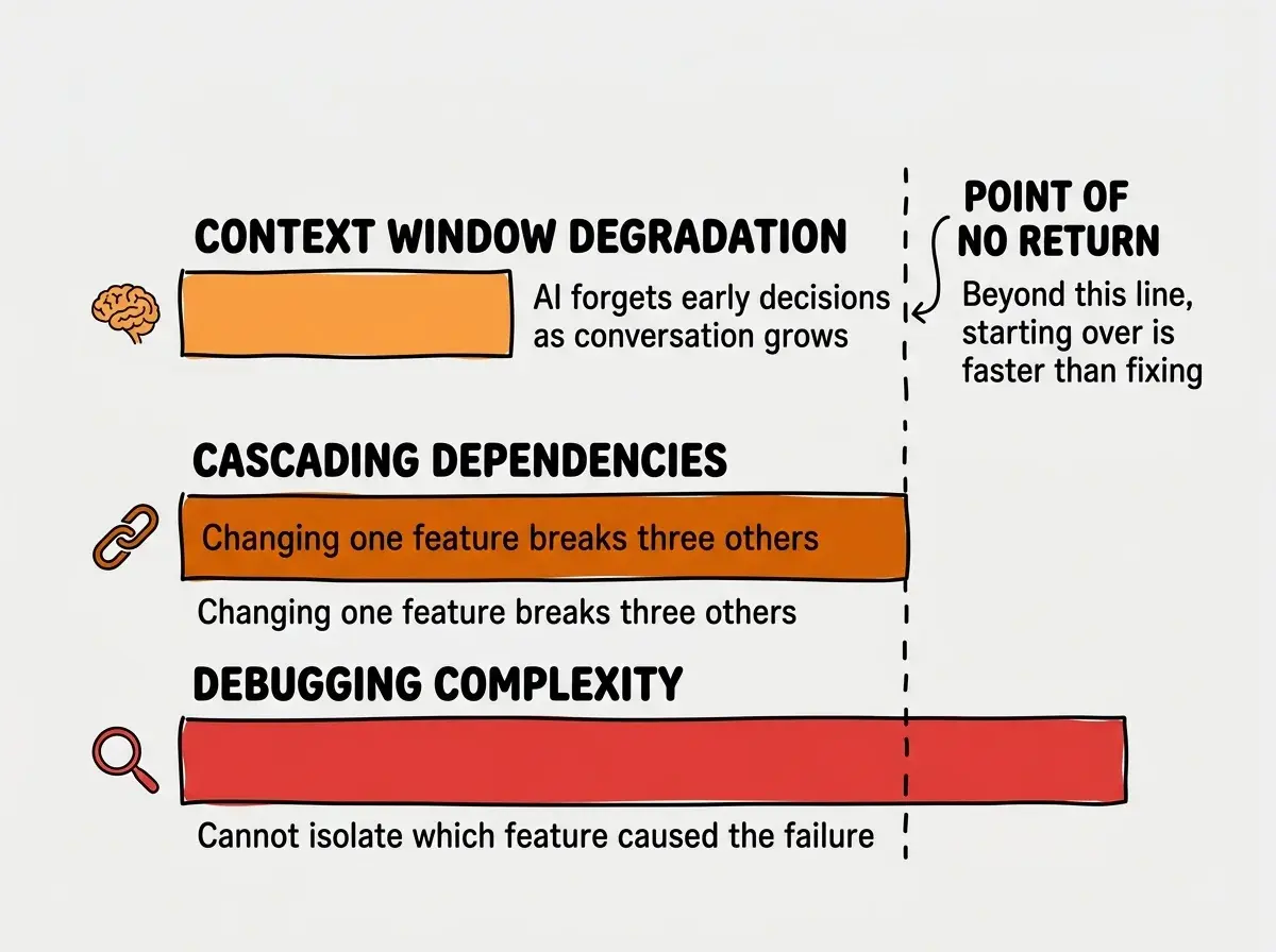 EXPLAINER DIAGRAM: A horizontal bar chart showing three problems scaled by severity. The top bar labeled CONTEXT WINDOW DEGRADATION is medium length in orange, with a small brain icon on the left and text reading AI forgets early decisions as conversation grows. The middle bar labeled CASCADING DEPENDENCIES is longer in dark orange, with a chain link icon and text reading Changing one feature breaks three others. The bottom bar labeled DEBUGGING COMPLEXITY is the longest bar in red, with a magnifying glass icon and text reading Cannot isolate which feature caused the failure. A vertical dashed line near the right side is labeled POINT OF NO RETURN with a note: Beyond this line, starting over is faster than fixing.