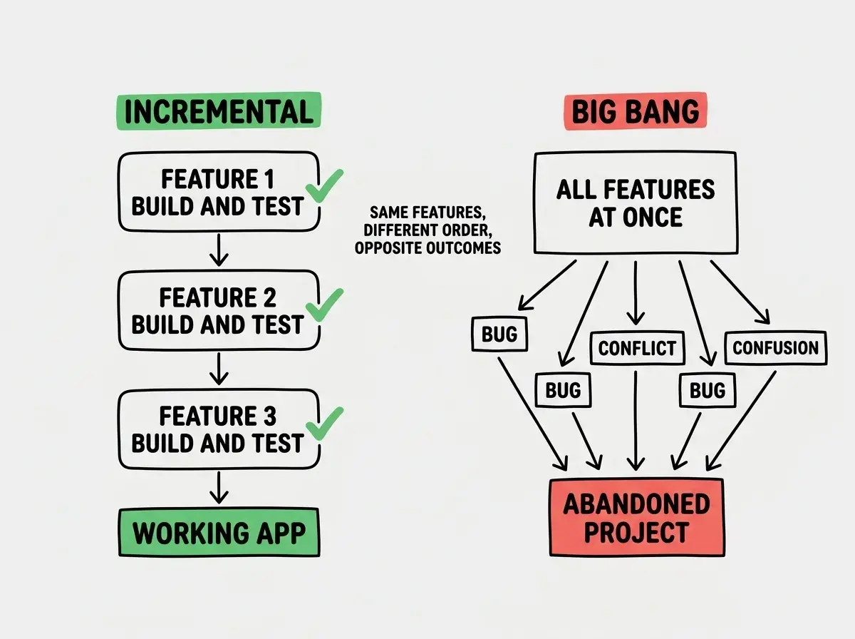 EXPLAINER DIAGRAM: Two side-by-side flowcharts comparing approaches. Left flowchart labeled INCREMENTAL (green header) shows four stacked rounded rectangles connected by downward arrows: FEATURE 1 BUILD AND TEST with a green checkmark, then FEATURE 2 BUILD AND TEST with a green checkmark, then FEATURE 3 BUILD AND TEST with a green checkmark, then WORKING APP at the bottom in a bold green box. Right flowchart labeled BIG BANG (red header) shows one large rectangle at top labeled ALL FEATURES AT ONCE with arrows scattering outward to five smaller boxes labeled BUG, BUG, CONFLICT, BUG, CONFUSION, all pointing down to a red box labeled ABANDONED PROJECT. A small annotation between the two flowcharts reads: Same features, different order, opposite outcomes.