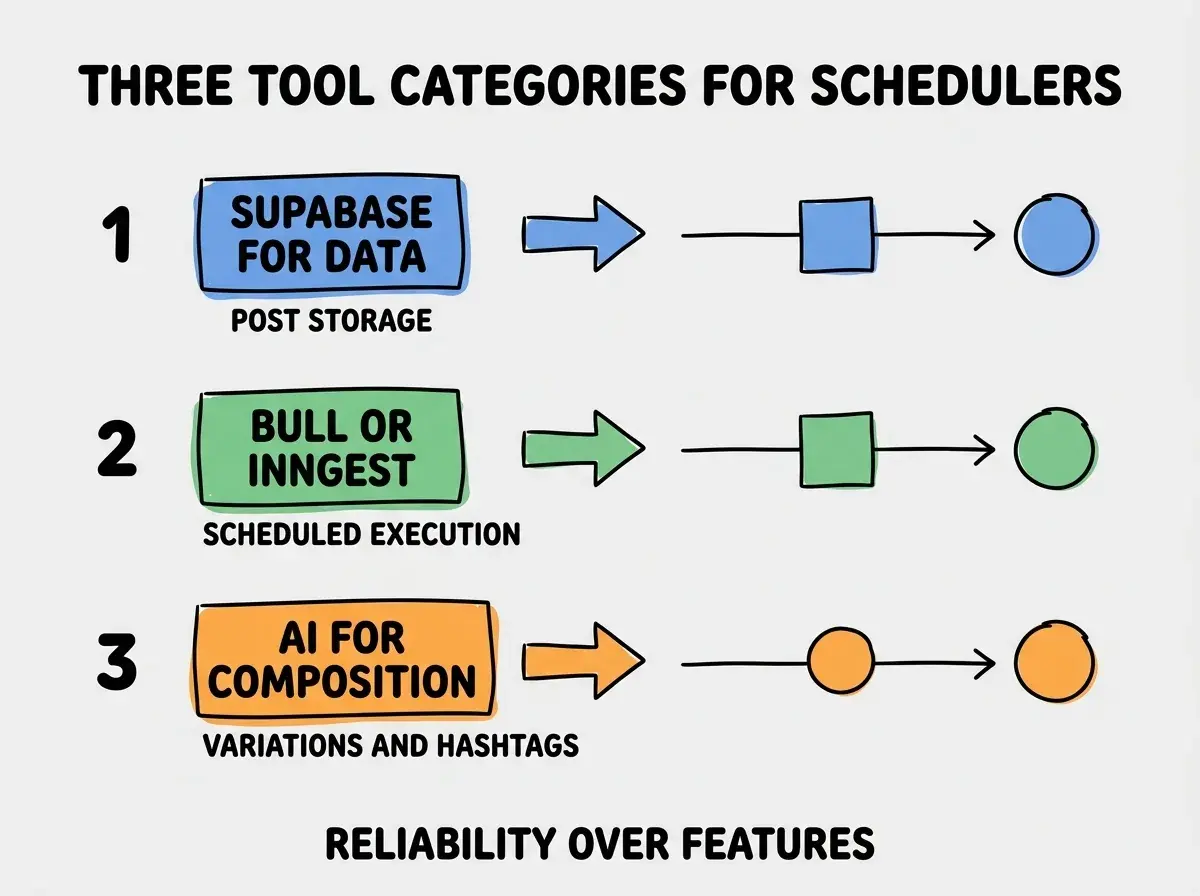 EXPLAINER DIAGRAM titled THREE TOOL CATEGORIES FOR SCHEDULERS shown as a vertical numbered list on a slate background. Three rows. Row 1 blue badge SUPABASE FOR DATA sublabel POST STORAGE. Row 2 green badge BULL OR INNGEST sublabel SCHEDULED EXECUTION. Row 3 orange badge AI FOR COMPOSITION sublabel VARIATIONS AND HASHTAGS. Footer reads RELIABILITY OVER FEATURES. CRITICAL: each label appears only ONCE.
