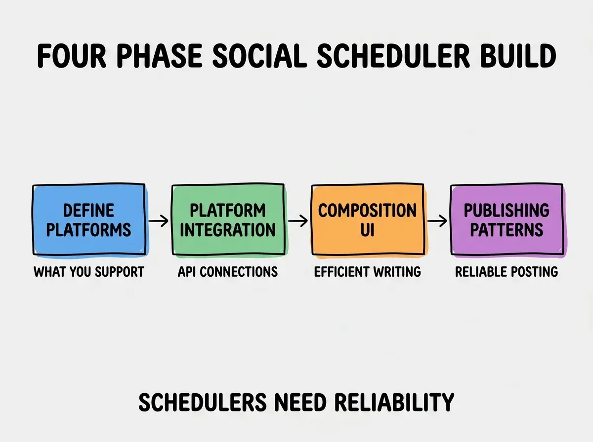 EXPLAINER DIAGRAM titled FOUR PHASE SOCIAL SCHEDULER BUILD shown as a horizontal four-stage pipeline on a slate background. Stage 1 colored blue DEFINE PLATFORMS sublabel WHAT YOU SUPPORT. Stage 2 colored green PLATFORM INTEGRATION sublabel API CONNECTIONS. Stage 3 colored orange COMPOSITION UI sublabel EFFICIENT WRITING. Stage 4 colored purple PUBLISHING PATTERNS sublabel RELIABLE POSTING. Footer reads SCHEDULERS NEED RELIABILITY.