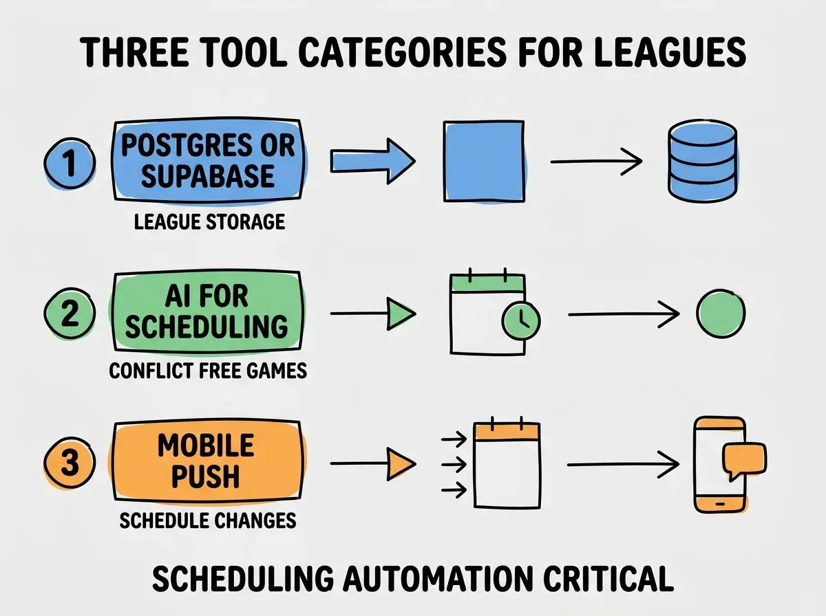 EXPLAINER DIAGRAM titled THREE TOOL CATEGORIES FOR LEAGUES shown as a vertical numbered list on a slate background. Three rows. Row 1 blue badge POSTGRES OR SUPABASE sublabel LEAGUE STORAGE. Row 2 green badge AI FOR SCHEDULING sublabel CONFLICT FREE GAMES. Row 3 orange badge MOBILE PUSH sublabel SCHEDULE CHANGES. Footer reads SCHEDULING AUTOMATION CRITICAL. CRITICAL: each label appears only ONCE.